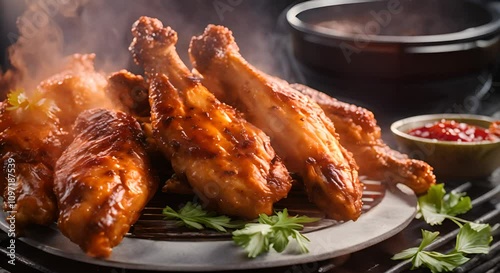 A plate of chicken wings is on a grill with some of them already cooked Video 4K