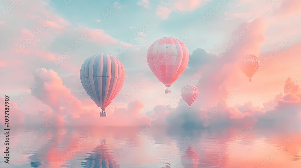 Fototapeta premium Serene hot air balloons in pastel skies, with double exposure blending in faint reflections of water, creating a calm, reflective mood. Pastel Balloon Skies. Illustration