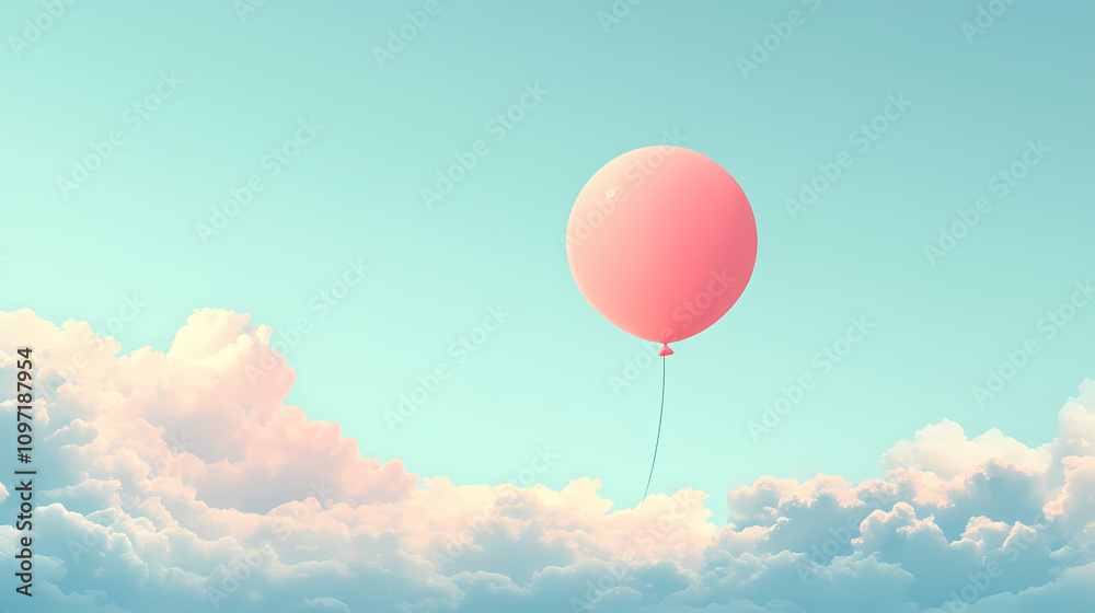 Fototapeta premium Minimalist pink balloon floating in a pastel sky, symbolizing freedom and joy in a simple, elegant composition. Pastel Balloon Skies. Illustration
