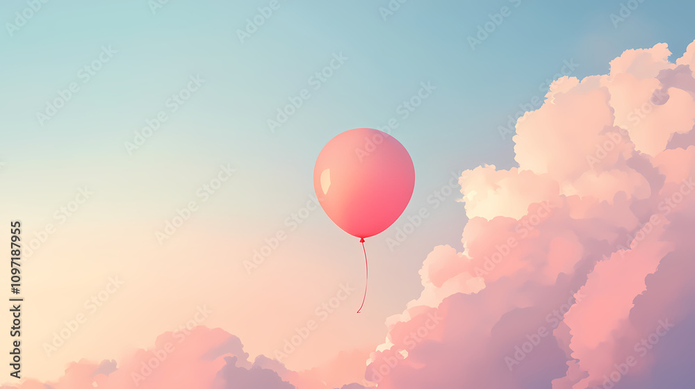 Obraz premium Minimalist pink balloon floating in a pastel sky, symbolizing freedom and joy in a simple, elegant composition. Pastel Balloon Skies. Illustration