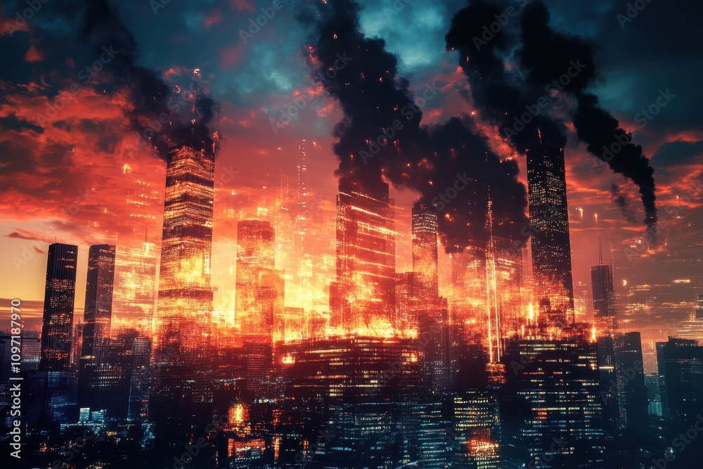 Urban skyline engulfed in flames during a dramatic sunset Urban skyline engulfed in flames during a dramatic sunset