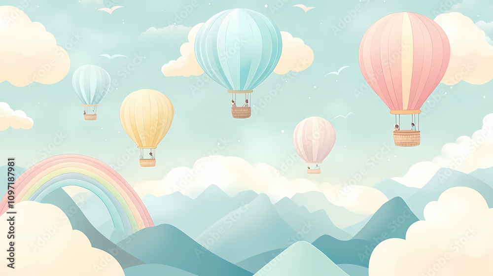 Fototapeta premium Hot air balloons seamless wallpaper for a boy's room. rainbows, clouds, mountains and pastel colors. blue and beige. Pastel Balloon Skies. Illustration