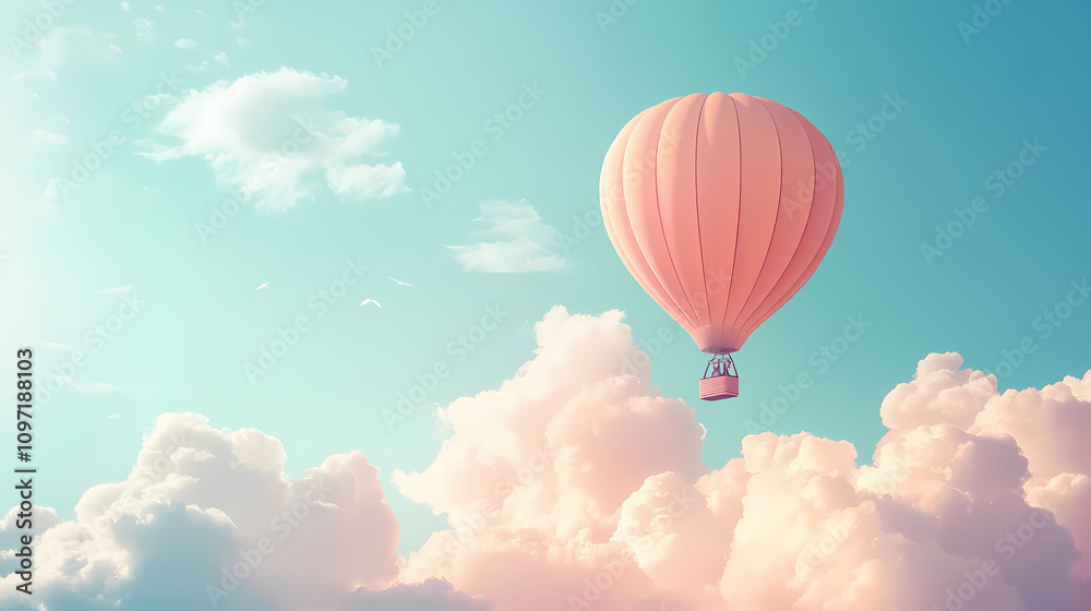 Fototapeta premium A whimsical hot air balloon in pastel colors floating among fluffy clouds in the sky. Pastel Balloon Skies. Illustration