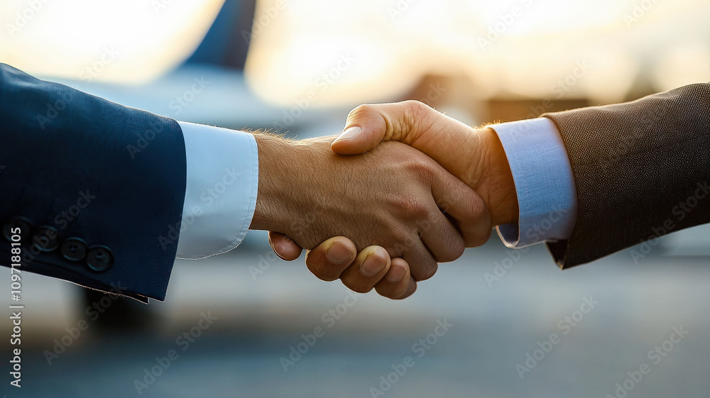 A private jet pilot shaking hands with a business traveler on the tarmac, symbolizing professionalism and the beginning of a journey. A private jet pilot shaking hands with a business traveler on the tarmac, symbolizing professionalism and the beginning of a journey.