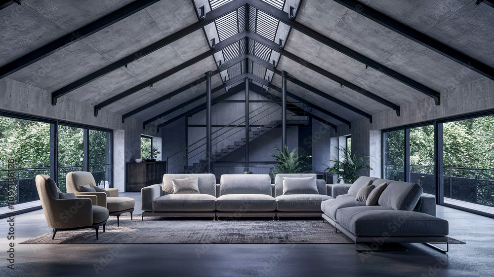 Elegant modern living room featuring high ceilings a gray sectional sofa sleek armchairs minimalist design large windows offering views of greenery and an industrial staircase. Elegant modern living room featuring high ceilings a gray sectional sofa sleek armchairs minimalist design large windows offering views of greenery and an industrial staircase.