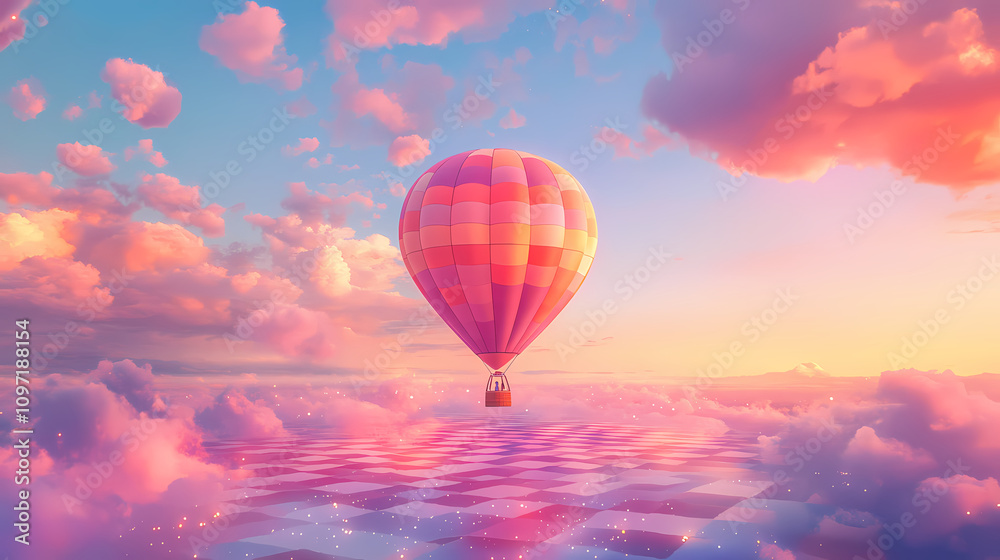 Fototapeta premium A vibrant hot air balloon floats over a surreal landscape of fluffy pink clouds and a checkered pastel ground during a colorful sunrise. Pastel Balloon Skies. Illustration