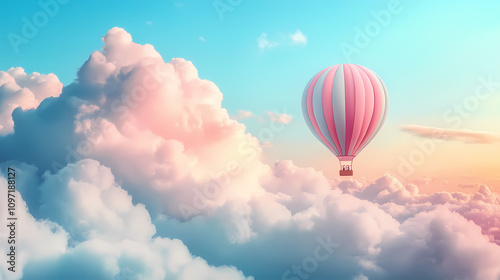 A whimsical hot air balloon in pastel colors floating among fluffy clouds in the sky. Pastel Balloon Skies. Illustration