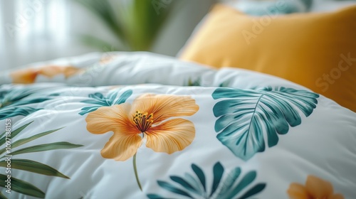 Close-up of tropical floral bedding with orange flowers and green leaves on white fabric.