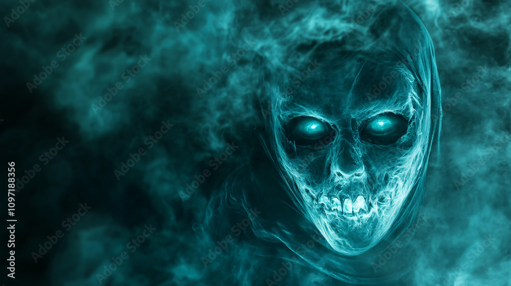 Eerie turquoise skull with glowing eyes emerging from dark, otherworldly smoke, creating a chilling and enigmatic ambiance