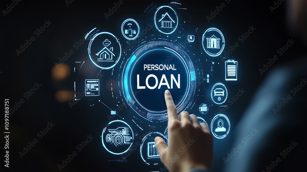 Personal loan and financial services concept. A person interacts with icons financial services, personal loans, interest rates, banking, and payment options. Online accessing financial products. money Personal loan and financial services concept. A person interacts with icons financial services, personal loans, interest rates, banking, and payment options. Online accessing financial products. money