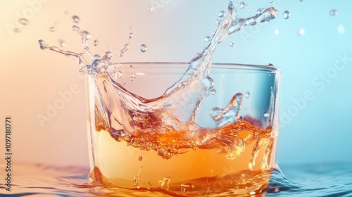Glass with orange liquid and water splash on a gradient blue and orange background.