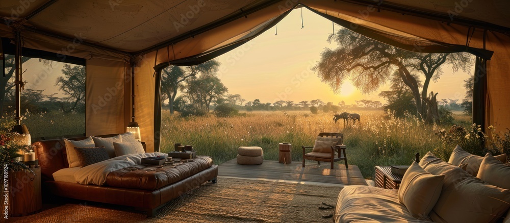 Luxurious safari tent sunrise view. Luxurious safari tent sunrise view.
