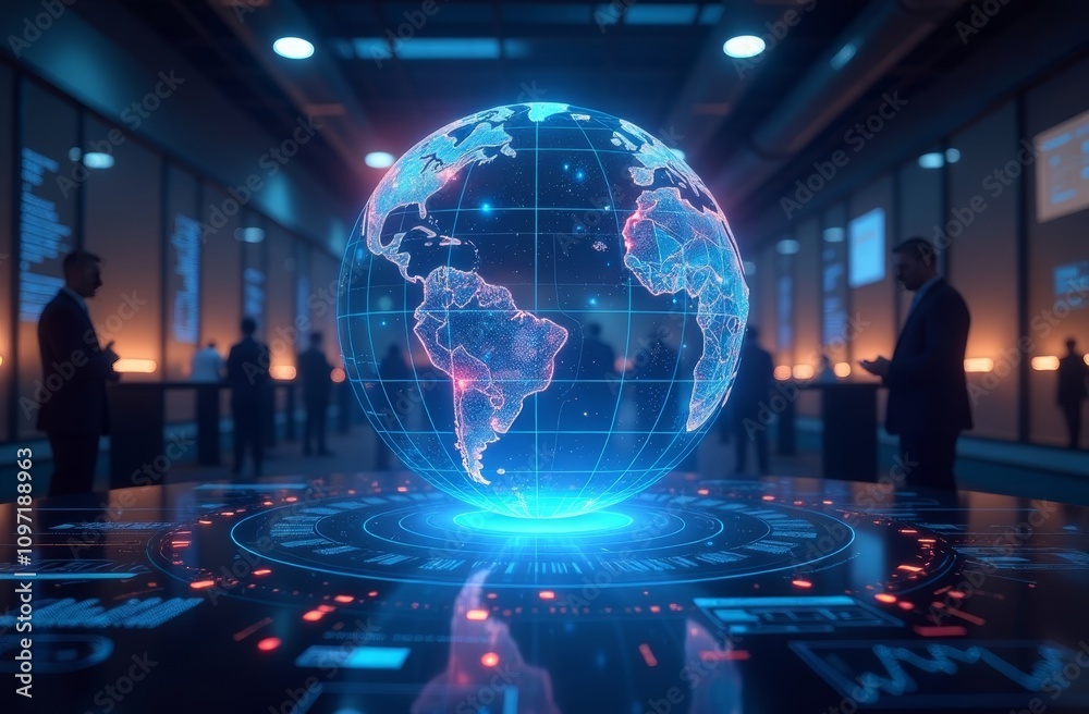 Holographic model of the planet Earth in the conference hall, dark background, Holographic model of the planet Earth in the conference hall, dark background,