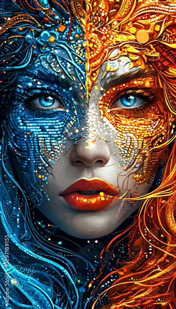 Fototapeta premium Psychedelische Abstraktion Die Harmonie von Feuer und Wasser 9х16. Hintergrund für das Design 3.