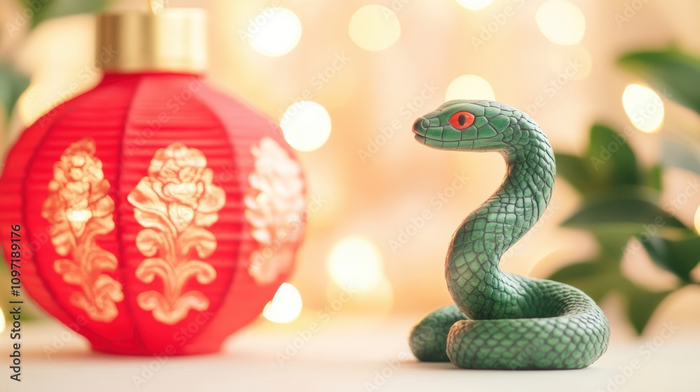 Green snake figurine with red eyes next to a decorative red lantern on a blurred festive background. Green snake figurine with red eyes next to a decorative red lantern on a blurred festive background.