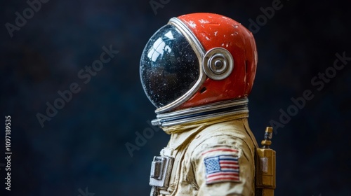 A space astronaut figure wearing a helmet. Side profile photo