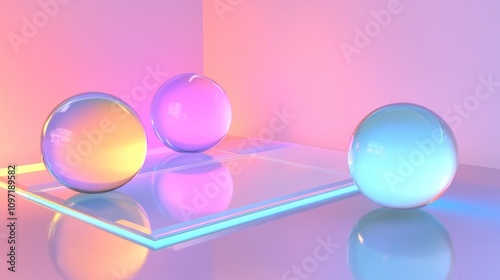 Pastel Spheres Resting on a Glass Platform