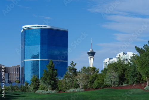 Las Vegas, Nevada landmark building located near the Strip shown on a sunny day, early November 2024.