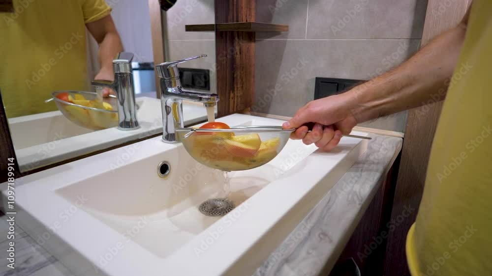 A man washes sliced apples under the water tap in the kitchen. Slow motion. A man washes sliced apples under the water tap in the kitchen. Slow motion.