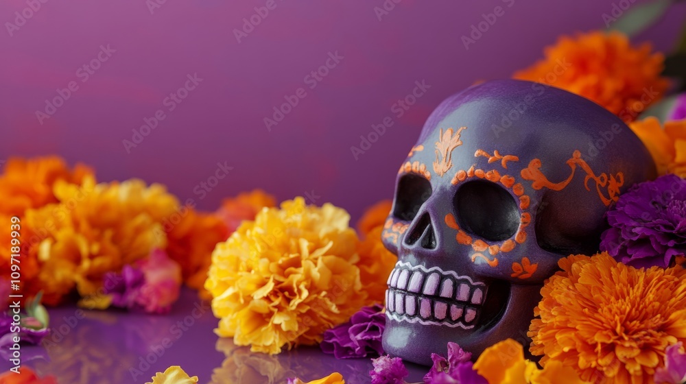 Dia de los muertos wallpaper background. Purple invitation card template design with empty space for text. Traditional festival decoration with flowers and calavera or sugar skull Dia de los muertos wallpaper background. Purple invitation card template design with empty space for text. Traditional festival decoration with flowers and calavera or sugar skull