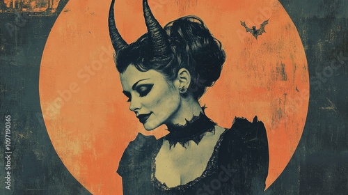 Vintage style illustration of a woman dressed as a halloween devil