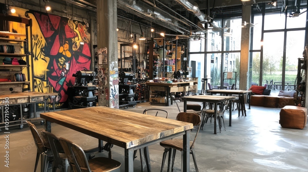 A modern workspace featuring wooden tables, vibrant decor, and a creative atmosphere. A modern workspace featuring wooden tables, vibrant decor, and a creative atmosphere.