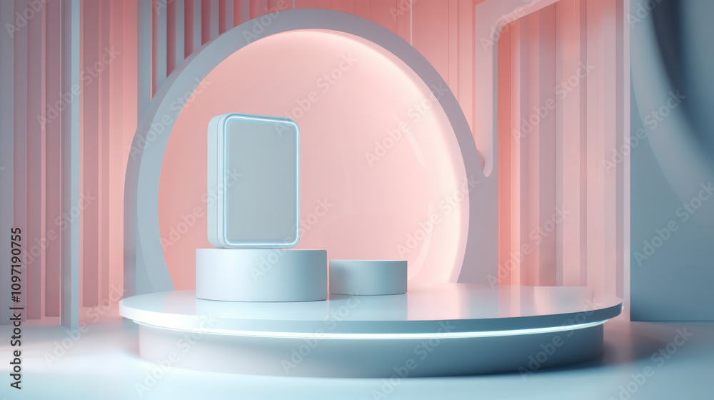Whimsical Display: Empty podium for product demonstration.  Shelf. Generative AI