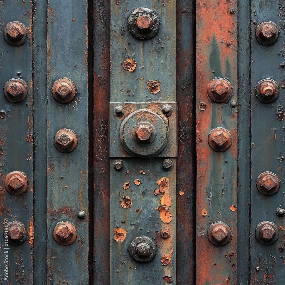 Fototapeta premium Close-up of a weathered metal door with bolts and rust.