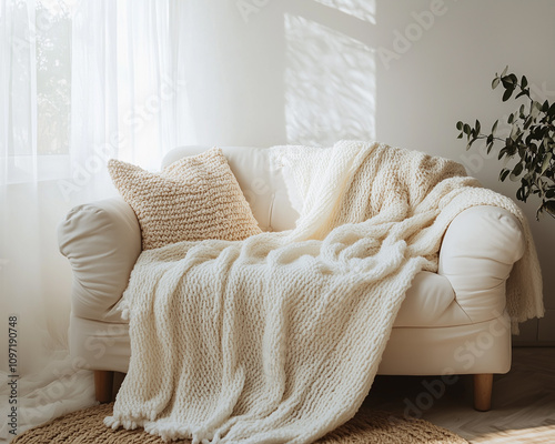 soft, knitted throw blanket draped over a sofa. The neutral color and textured knit