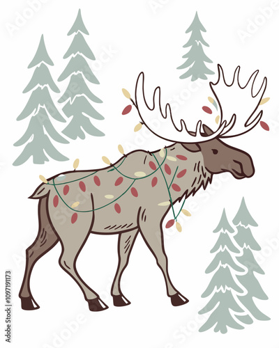 Retro Christmas Vector Art Featuring a Moose in a Winter Forest Environment photo