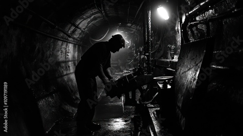 A lone worker in a dimly lit tunnel, silhouetted against the light at the end, holds a tool, creating a sense of mystery and hard labor. photo