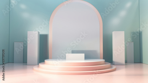 Whimsical Display: podium for product demonstration. Pastel colors background. Shelf. Generative AI photo