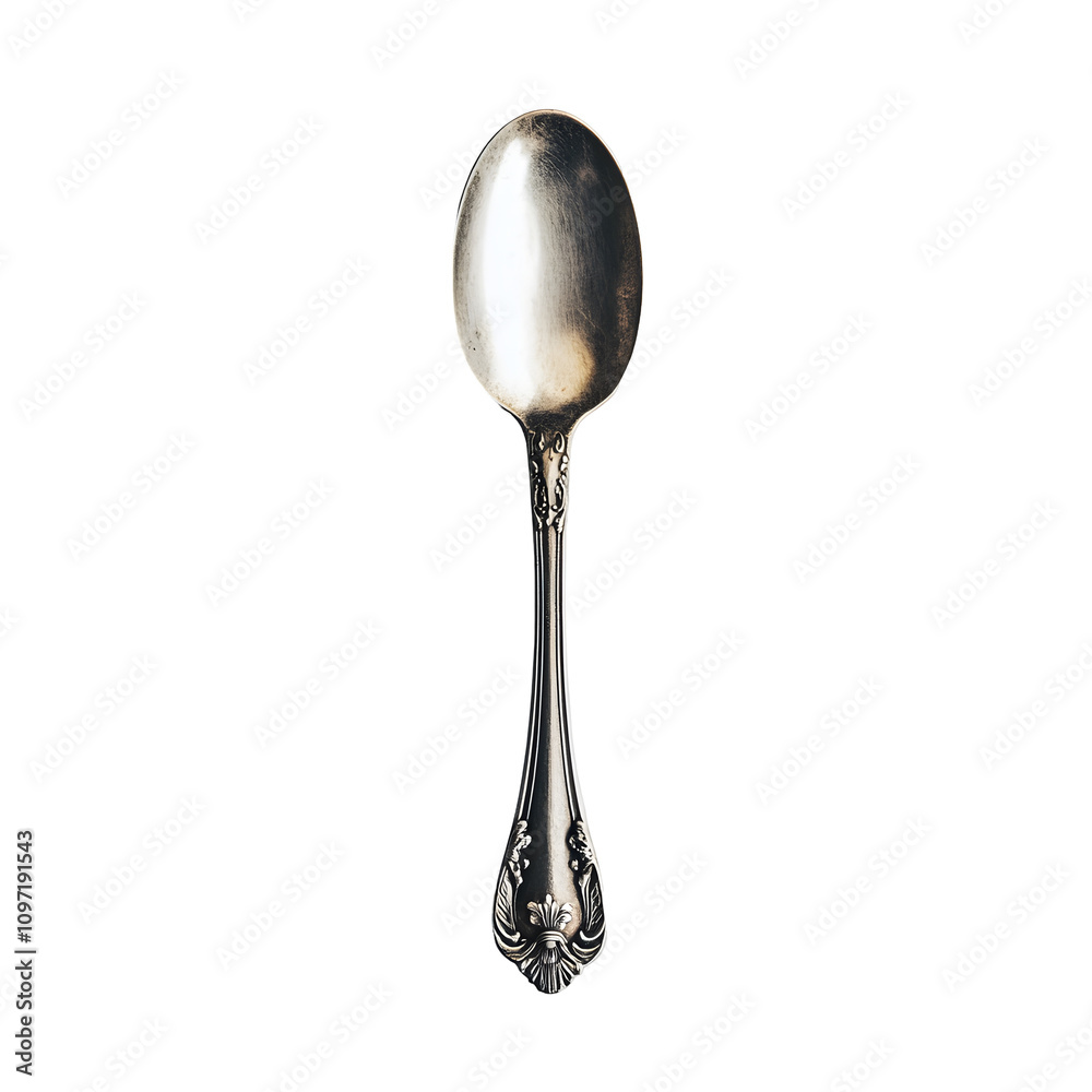 A silver spoon with an ornate handle, used for serving or eating food.