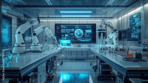 Futuristic laboratory with robotic arms and advanced technology displays.