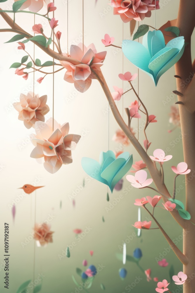 A collection of colorful papercraft flowers suspended from strings, creating a vibrant and artistic display. Generative AI A collection of colorful papercraft flowers suspended from strings, creating a vibrant and artistic display. Generative AI