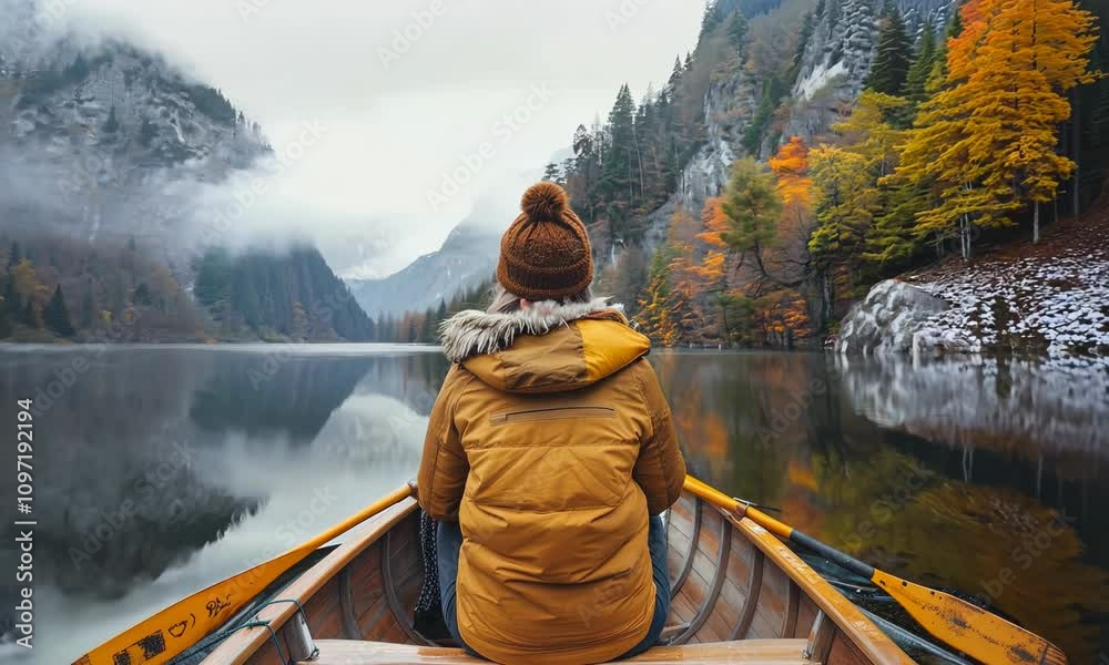 Person in a boat on water, viewed from behind representing adventure, solitude, journey, and self-reflection