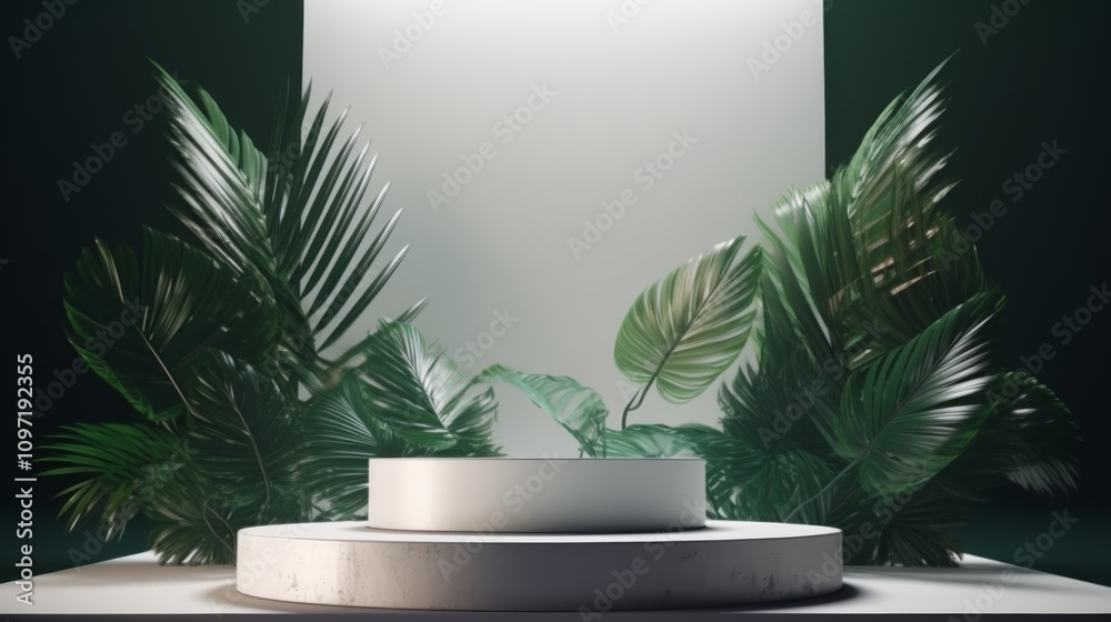 A round podium stands gracefully in front of a tall palm tree. Generative AI A round podium stands gracefully in front of a tall palm tree. Generative AI
