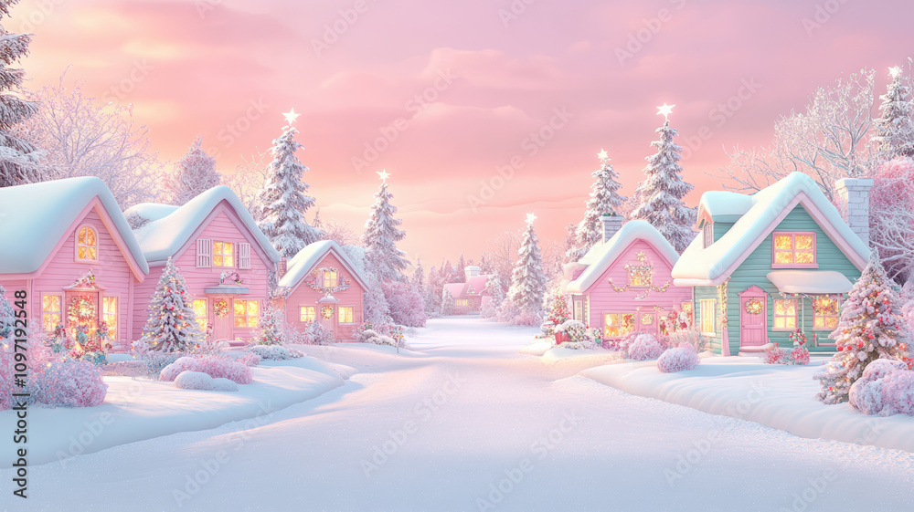 Fototapeta premium Cartoon winter scene with houses and christmas trees for text