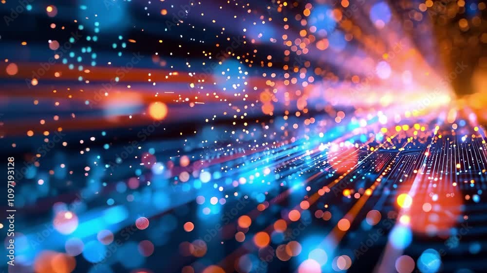 A dynamic visual representation of light streaks and particles, creating a vibrant effect of movement and energy in a digital space.