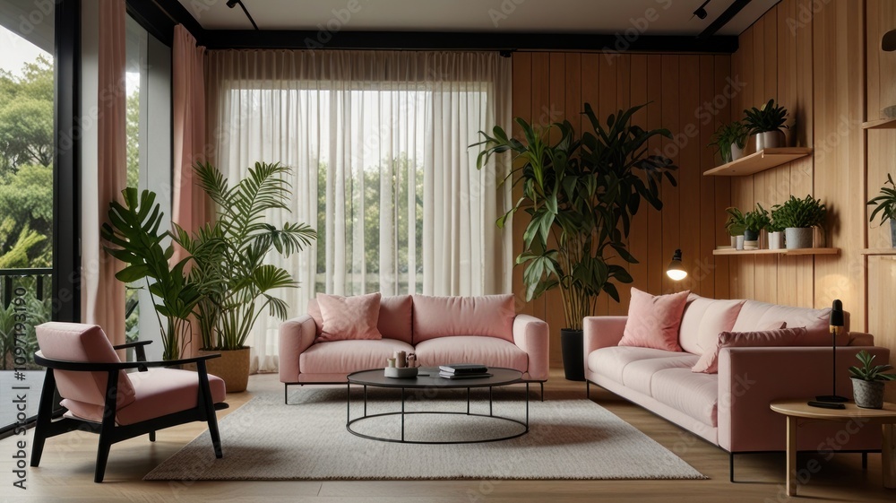 Modern living room with pink sofas, plants, and wood accents. Modern living room with pink sofas, plants, and wood accents.