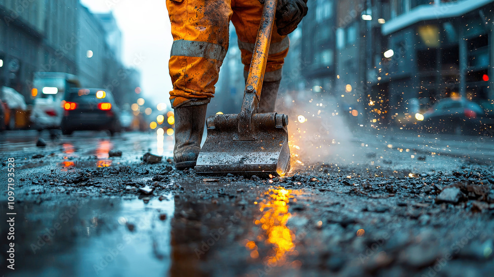 A worker operating a jackhammer on a busy city street, demonstrating construction work and road maintenance, with debris flying and safety equipment visible. A worker operating a jackhammer on a busy city street, demonstrating construction work and road maintenance, with debris flying and safety equipment visible.