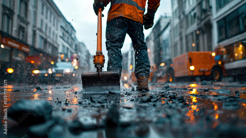 A worker operating a jackhammer on a busy city street, demonstrating construction work and road maintenance, with debris flying and safety equipment visible. A worker operating a jackhammer on a busy city street, demonstrating construction work and road maintenance, with debris flying and safety equipment visible.