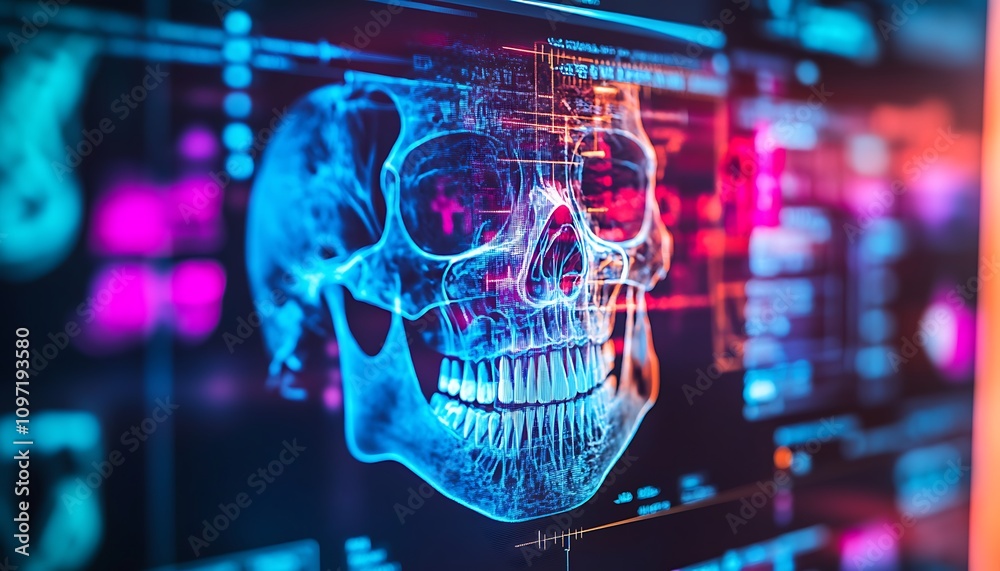 Obraz premium A digital rendering of a human skull with colorful overlays and data visualizations.