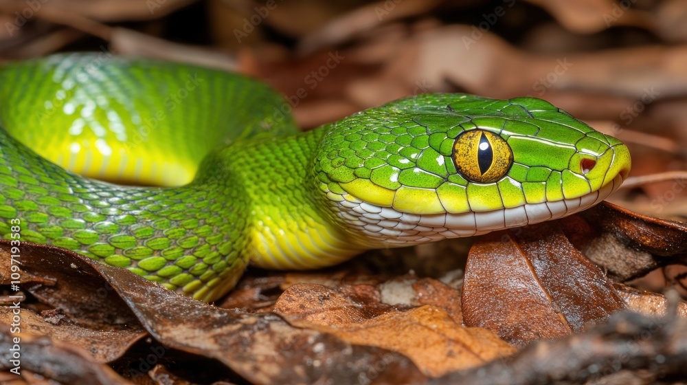 A vibrant green snake rests on dry leaves, showcasing its striking colors and patterns. A vibrant green snake rests on dry leaves, showcasing its striking colors and patterns.