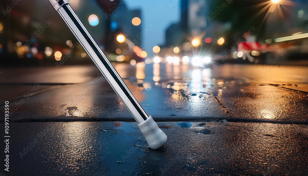 White Cane in a Busy Cityscape White Cane in a Busy Cityscape