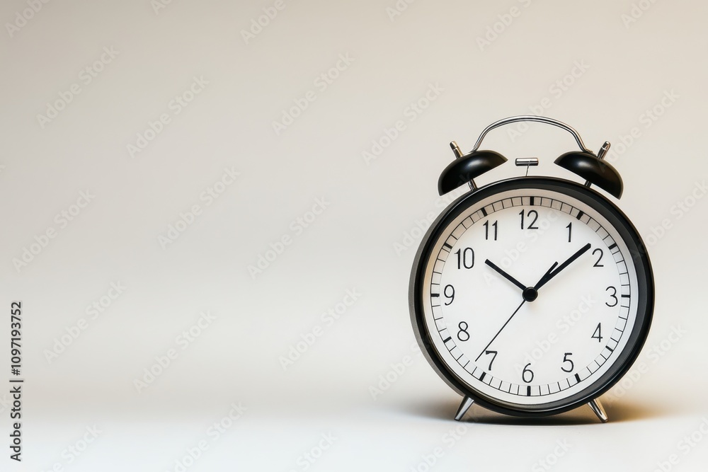Classic black alarm clock showing time with clear white face on neutral background Classic black alarm clock showing time with clear white face on neutral background