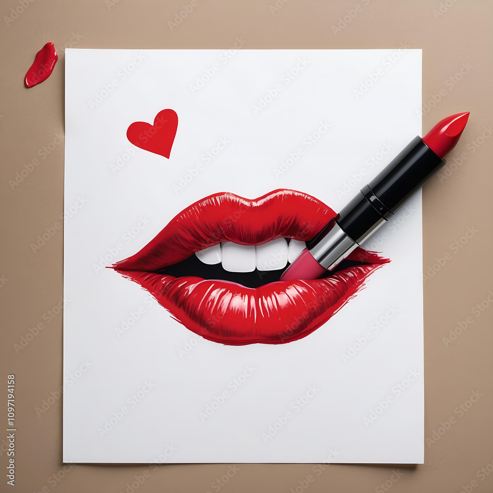 Obraz premium Romantic love letter featuring a lipstick kiss and vibrant red lips