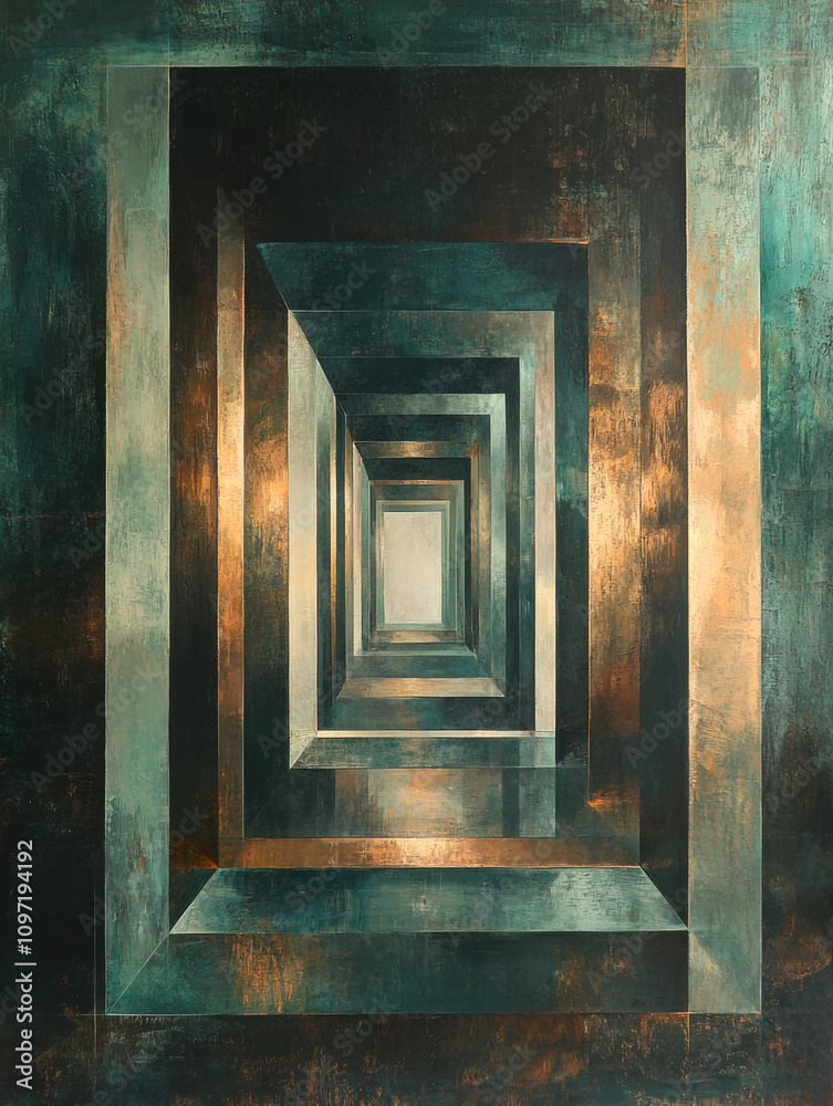 Rustic metallic tunnel effect with teal and gold textures, creating depth and symmetry in an industrial-inspired design. Rustic metallic tunnel effect with teal and gold textures, creating depth and symmetry in an industrial-inspired design.