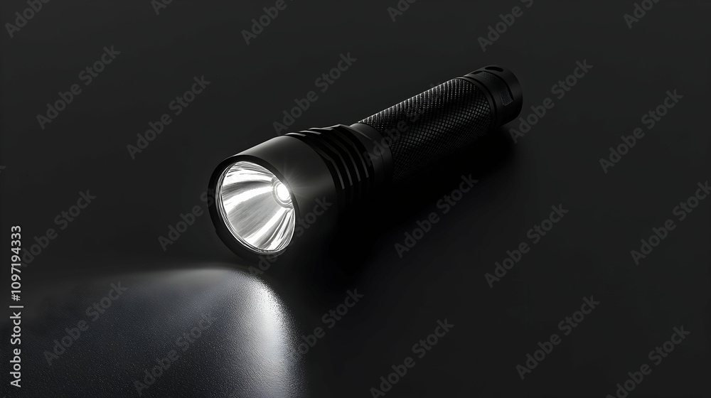 A black flashlight illuminates a dark surface, casting a bright beam of light.