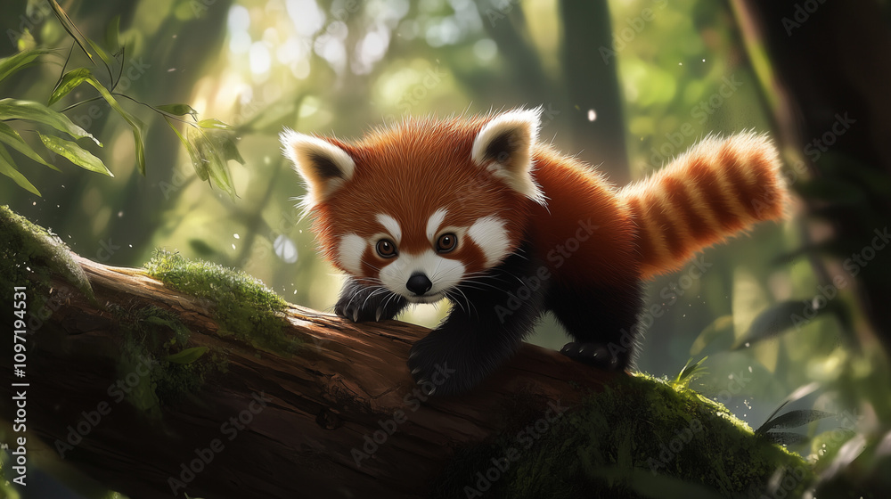 A red panda walking along a mossy branch in a forest.